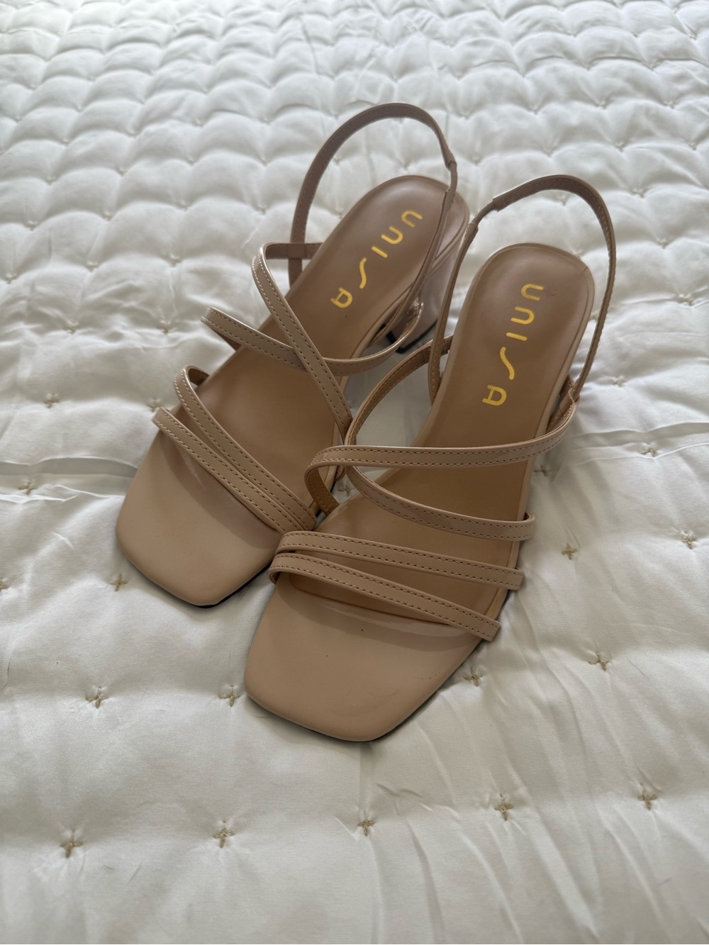 Unisa Beige Strappy Square-Toe Slingback Heels - Picture 1 of 4